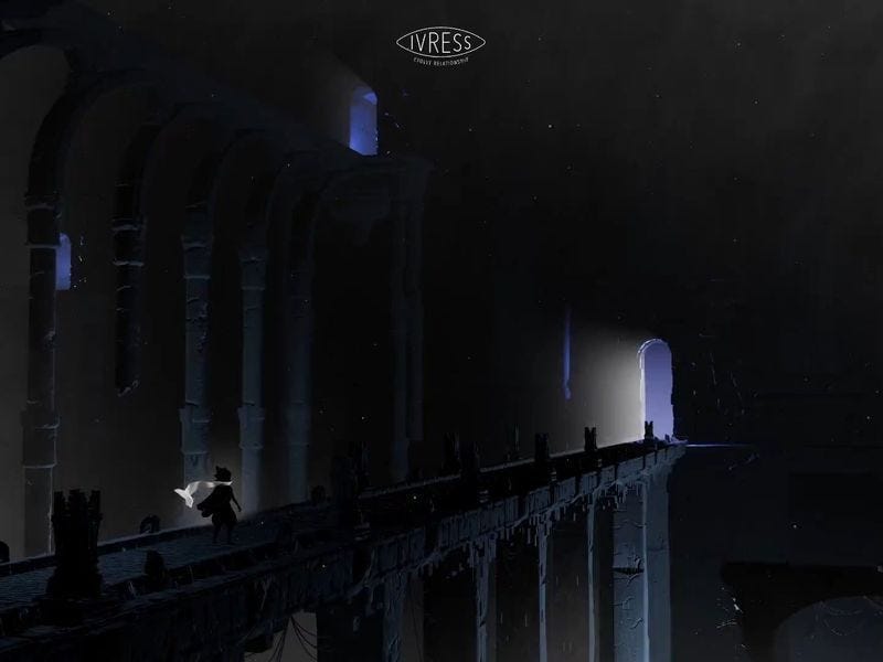 Dark, atmospheric scene of a lone figure walking across a narrow bridge inside a vast architectural space, illuminated by soft blue light and surrounded by towering arches.