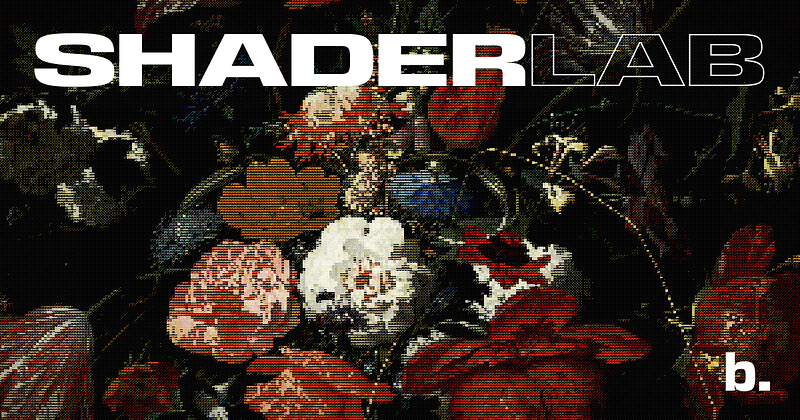 Glitchy visual composition with scanline effects and distorted imagery under bold “Shader Lab” typography, showcasing shader-based visual processing.