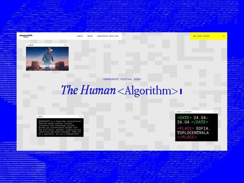 SHAPESHIFT Festival 2026 website with “The Human Algorithm” headline, experimental grid layout, and bold blue digital-themed background