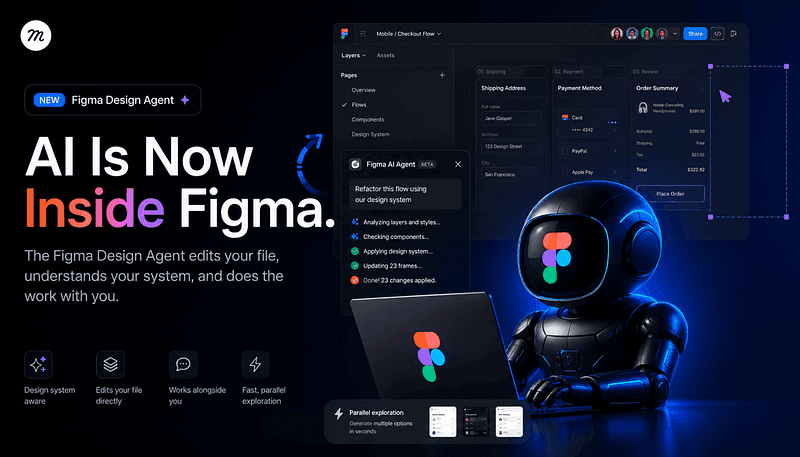 Dark futuristic promotional graphic for Figma Design Agent featuring an AI robot assistant, glowing blue interface elements, and a collaborative design workflow inside the Figma editor.