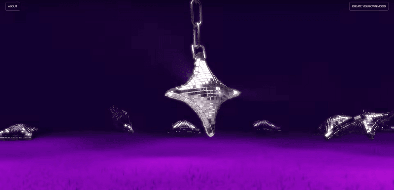 A 3D-rendered mirrored disco star ornament suspended against a purple background, surrounded by abstract reflective shapes and a vibrant purple ground.