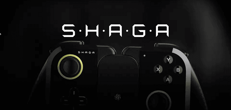 Modern black gaming controller with glowing circular buttons and the word “SHAGA” displayed in futuristic white typography on a dark background.