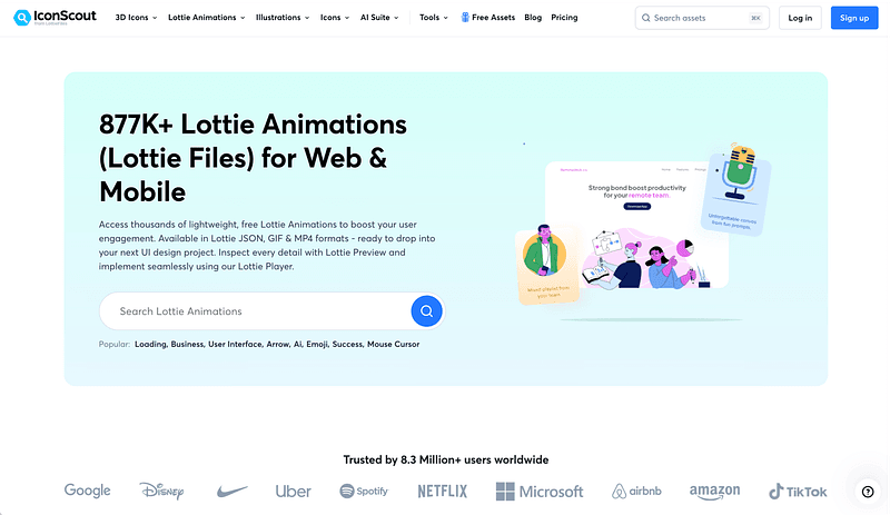 877,000+ Lottie animations. Best for large-scale projects that need variety in animated assets.