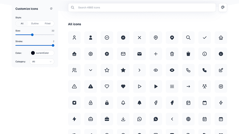 5,300+ icons designed for web applications. Best for dashboards and admin interfaces.
