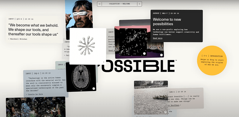 A collage-style webpage featuring text snippets, quotes, images, and a black logo that reads “POSSIBLE.” Various overlapping cards show technology, human creativity, and graphical elements.