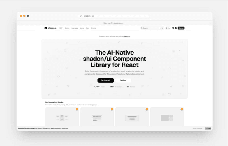 Minimal monochrome landing page for shadcn.io featuring a clean React component library interface, soft grayscale UI cards, and a structured developer-focused design system layout.