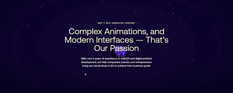 Web page featuring text about complex animations and modern interfaces with a deep space-themed background and glowing spherical visuals.