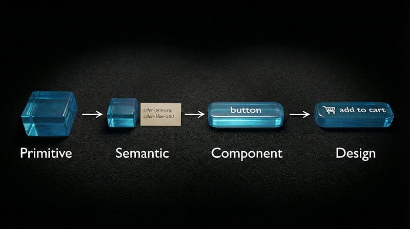A 3D visual diagram in a transparent glass style showing the chain of values in a design system: Raw, Core, Semantic, and Component, ending with a teal "Add to cart" button.