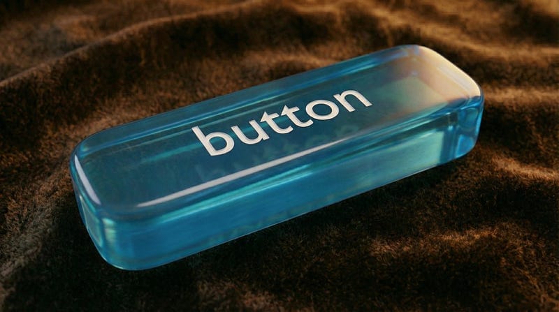 A high-quality 3D render of a rounded, rectangular translucent blue glass button with a shopping cart icon and the word "button" in white sans-serif typography.