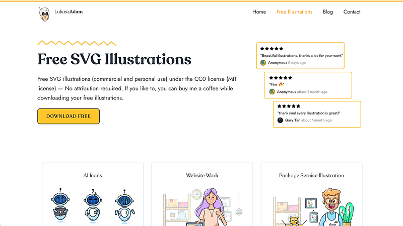 Minimal hand-drawn SVG illustrations. Best for personal sites, portfolios, and blogs that want a human touch.