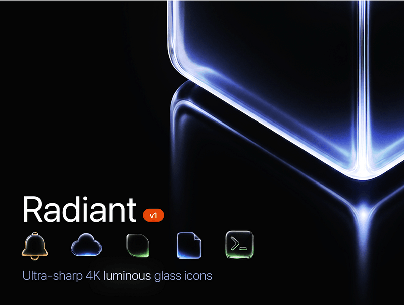 Dark futuristic icon pack showcase for Radiant featuring glowing glass-style UI icons, luminous blue highlights, and a sleek high-contrast interface aesthetic on a black background.