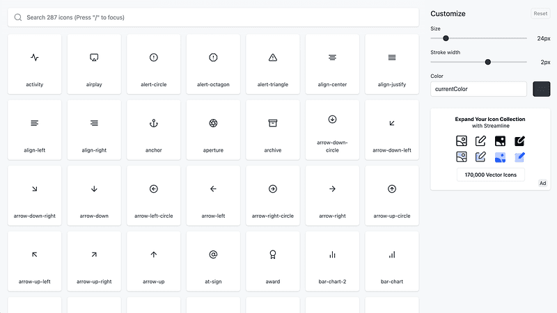 The original minimal icon set. 287 icons. Best for small projects that need a clean, tight set.