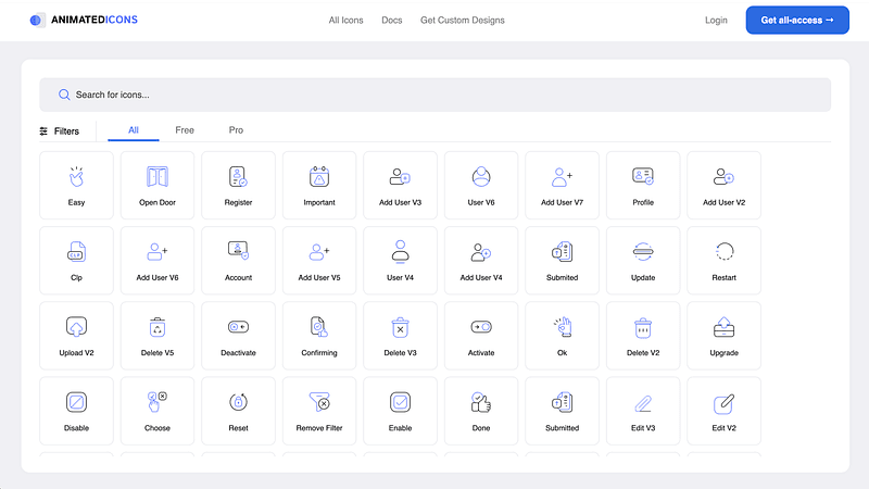Animated SVG icons with simple embed codes. Best for quick motion accents on landing pages.