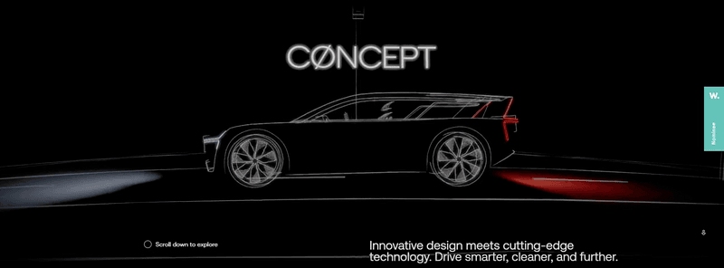 A futuristic car concept sketch featuring illuminated headlights and taillights with a sleek, innovative design, shown in profile against a black background. The word “CONCEPT” appears above the vehicle with modern typography.