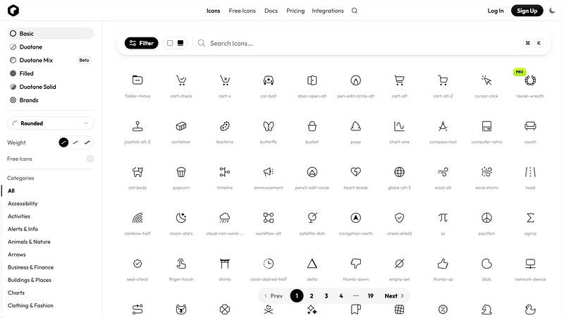 1,600+ icons in regular and solid styles. Best for general-purpose web and app design.