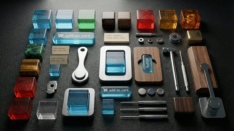 A top-down view of a dark workbench featuring a precise arrangement of physical tools like screwdrivers and a hammer alongside digital UI components made of blue glass and geometric material samples.