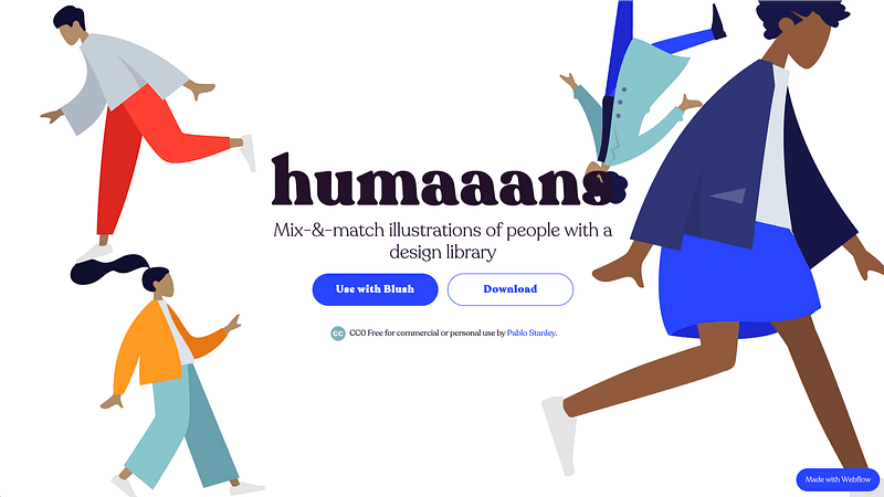 Mix-and-match people illustrations by Pablo Stanley. Best for team pages, user representations, and onboarding screens that need diverse characters. Swap hairstyles, clothing, body positions, and accessories
