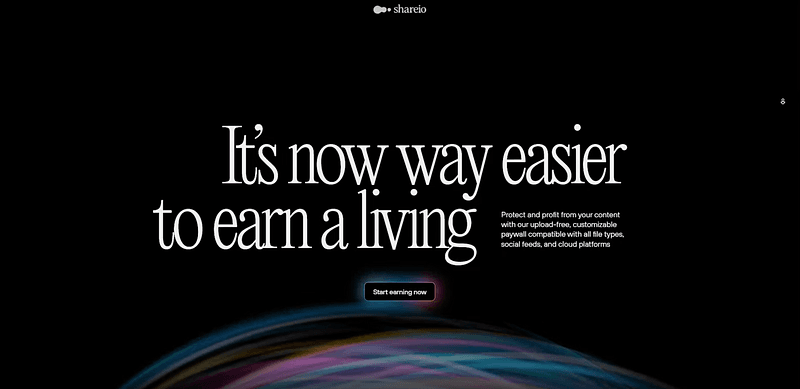 A black webpage with large white text reading, “It’s now way easier to earn a living,” advertising a platform that offers customizable paywalls for creators to profit from their content. A button labeled “Start earning now” is prominently displayed.