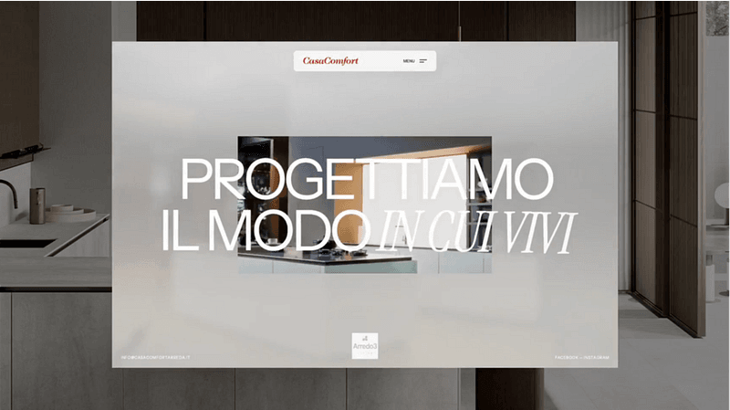 Minimal editorial-style homepage for Casa Comfort Arreda featuring oversized Italian typography, soft neutral tones, elegant interior photography, and a refined luxury furniture aesthetic.