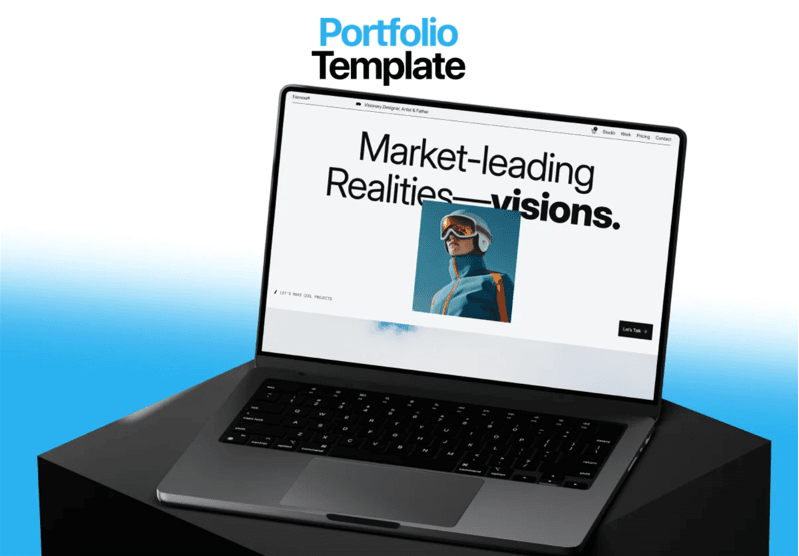 Laptop displaying a portfolio template website with bold typography and a clean layout, presented as a modern design showcase.