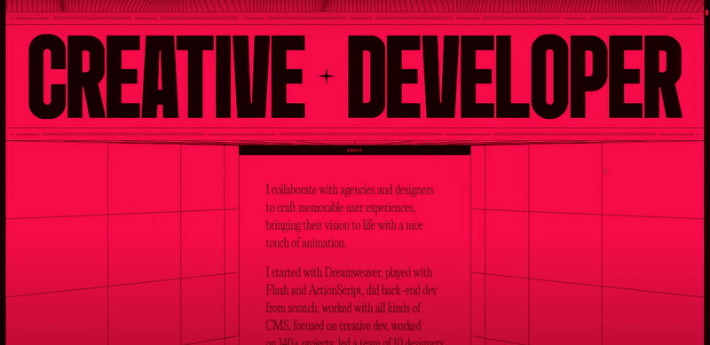 Large typography with the words “Creative Developer” in bold black letters against a red background, with an excerpt of a personal bio or professional description beneath.