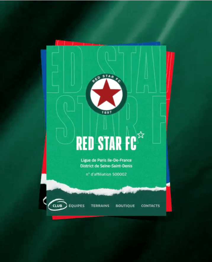 Cinematic football club mobile interface for Red Star FC featuring layered card-style layouts, bold typography, torn-paper textures, and a retro editorial sports aesthetic in green, red, and blue tones.