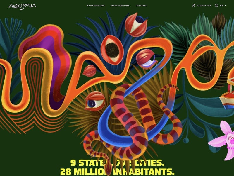Colorful illustrated Amazon jungle scene with abstract plants, snakes, and vibrant organic shapes, featuring bold typography about regions and population.