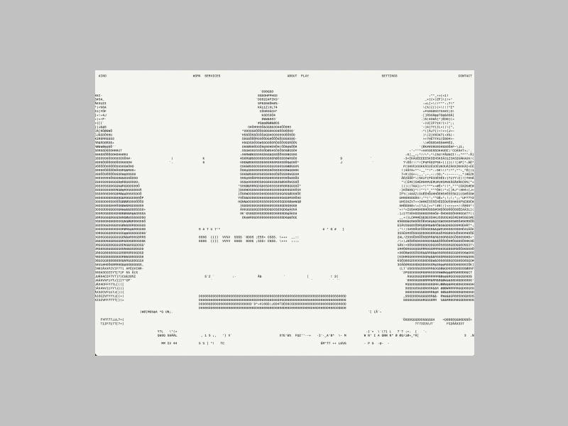Aino website with minimalist light interface, abstract ASCII-style graphics, and subtle typography arranged in a structured grid layout