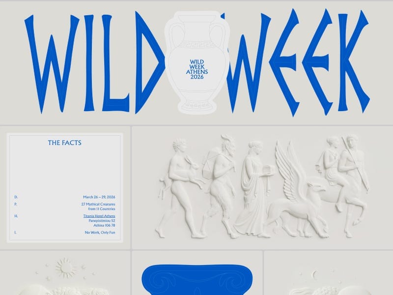 Wild Week Athens 2026 website with bold blue typography, classical Greek-inspired illustrations, and sculptural figures on a clean light background