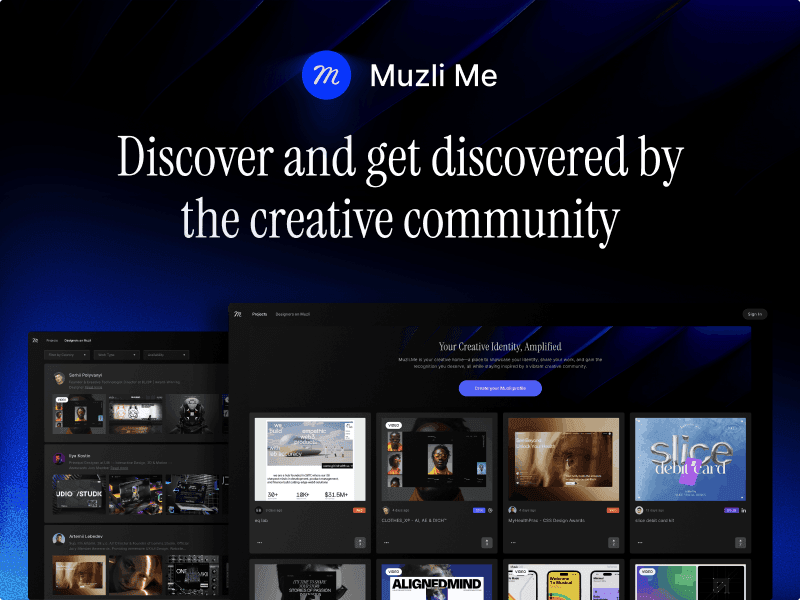 Muzli Me landing page showcasing a dark-mode creative discovery platform with portfolio grids, featured creator profiles, and the headline ‘Discover and get discovered by the creative community’