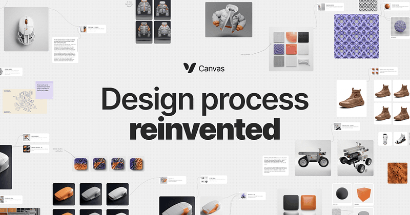 Design workflow canvas showing interconnected assets, 3D models, materials, and UI elements around the headline “Design process reinvented,” illustrating a unified 2D and 3D creative system.