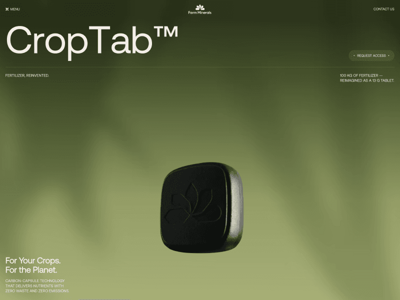 A green-toned hero image for CropTab™, featuring a floating black tablet with a leaf symbol, set against a soft blurred background, with minimal typography highlighting sustainable fertilizer technology for crops and the planet.