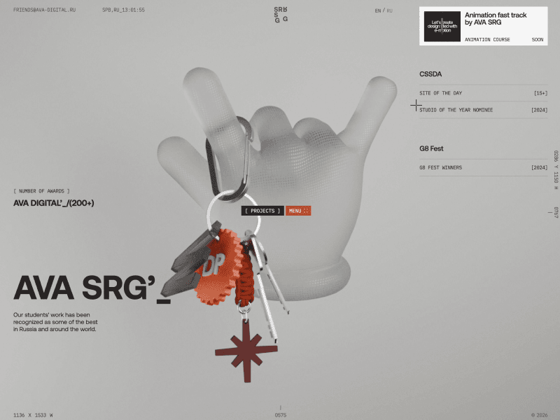 A grayscale hero image featuring a 3D-rendered hand holding a keyring with multiple keys and tags, including a red gear-shaped tag and a star symbol, set against a minimalist background with modern typography and award listings for AVA SRG.