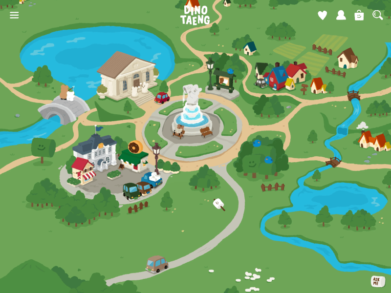 colorful illustrated map of a playful village, featuring winding paths, small houses, shops, rivers, bridges, trees, and a central fountain plaza, designed in a friendly, game-like style for Dino Taeng.