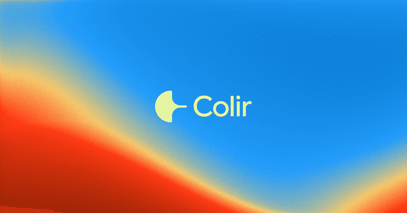 Soft gradient background blending blue, yellow, and red tones with the “Colir” logo centered, representing a color palette exploration tool.