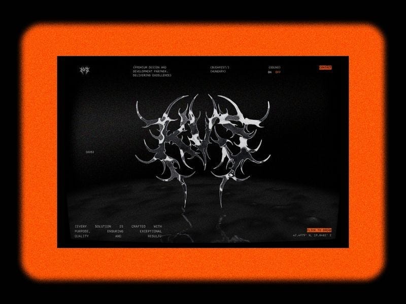 Dark studio website framed in glowing orange, featuring a central metallic abstract 3D form with sharp, organic shapes on a black background.