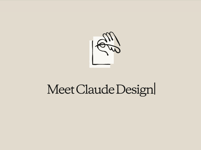 Minimal beige screen with a hand-drawn icon and the headline “Meet Claude Design” in elegant serif typography.
