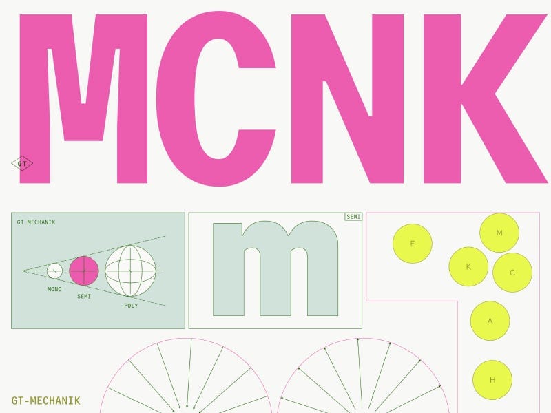 GT Mechanik visual identity with oversized pink typography, geometric diagrams, and modular design elements on light background