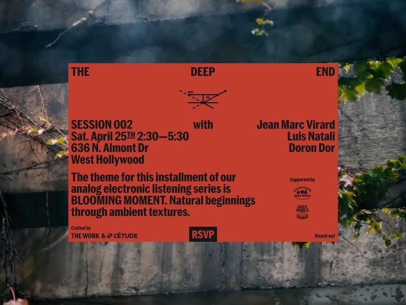 Bold red event poster overlaid on a natural background, featuring “THE DEEP END” title, session details, and experimental typography layout.