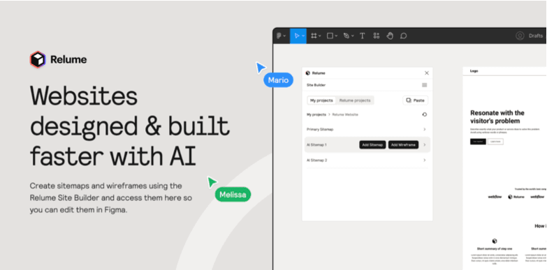 AI wireframing that generates full-page layouts from a sitemap, with direct Webflow export.