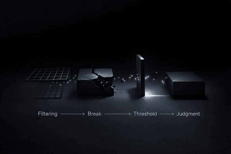 Minimal abstract diagram showing a four-stage portfolio evaluation process, from visual filtering and break points to a trust threshold and final judgment.