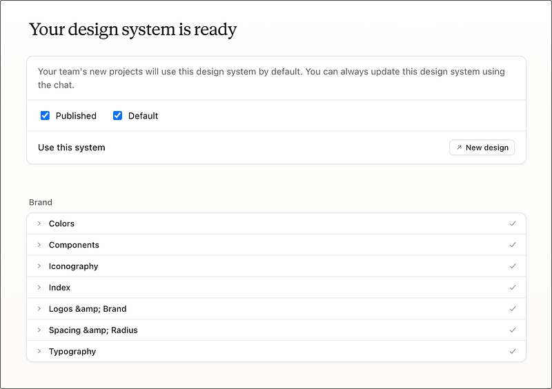 Design system setup screen with the heading “Your design system is ready,” showing published and default status, a “Use this system” section with a “New design” button, and a checklist of brand elements including colors, components, iconography, logos, spacing, and typography.