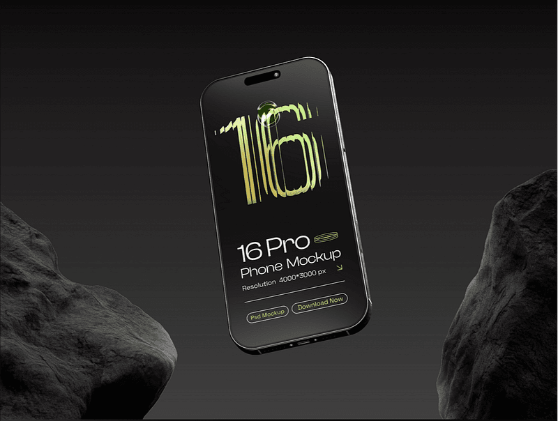 Floating iPhone 16 Pro mockup with a sleek dark UI, showcasing a high-resolution phone design template between two stone elements on a minimal background.