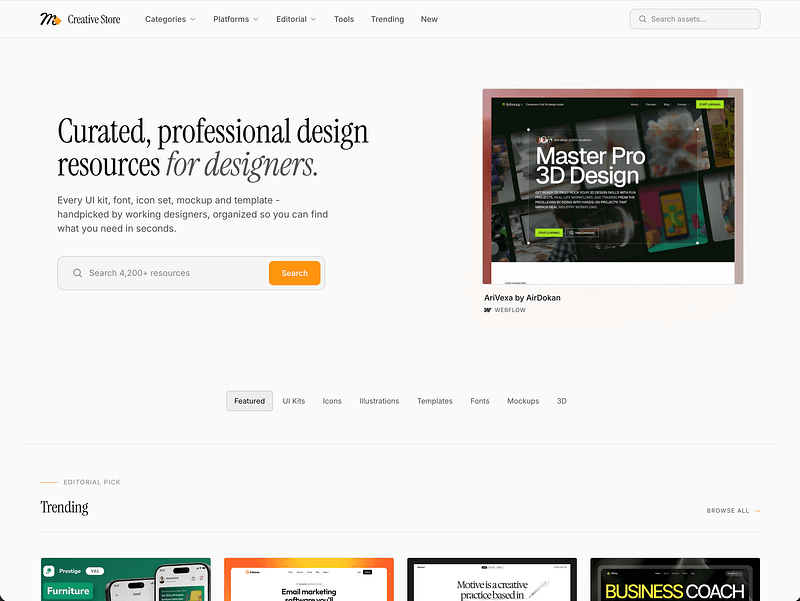 Muzli Creative Store homepage featuring curated design resources, templates, fonts, mockups, and UI kits with a clean editorial layout and searchable asset marketplace