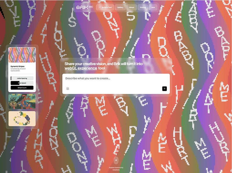 BRIK interface showcasing a colorful generative WebGL design tool with fluid striped patterns, glassmorphism UI panels, and an input area for creating interactive visual experiences