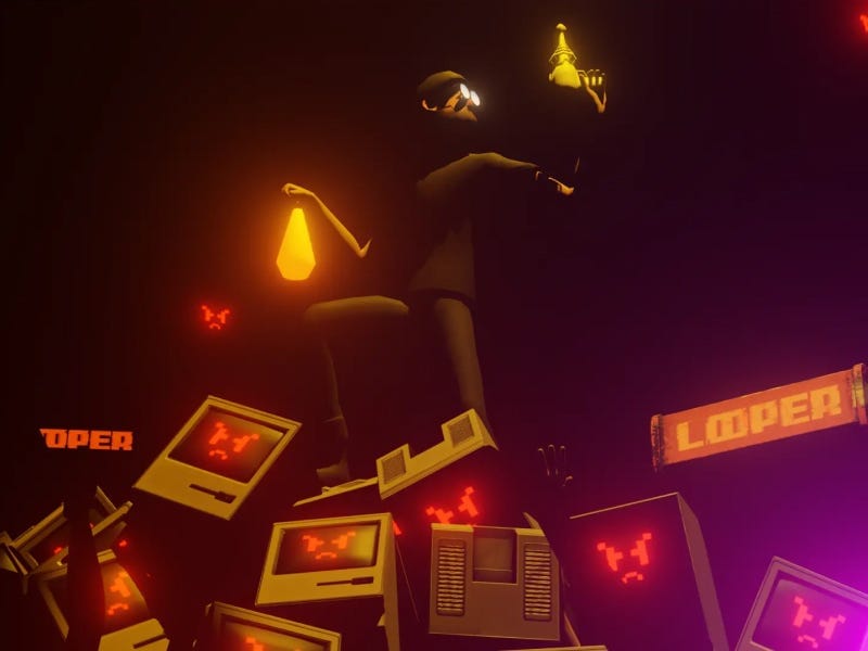 Stylized character holding glowing lanterns while standing on stacked retro computers with pixel faces, in a dark neon-lit scene from the Looper interactive experience.